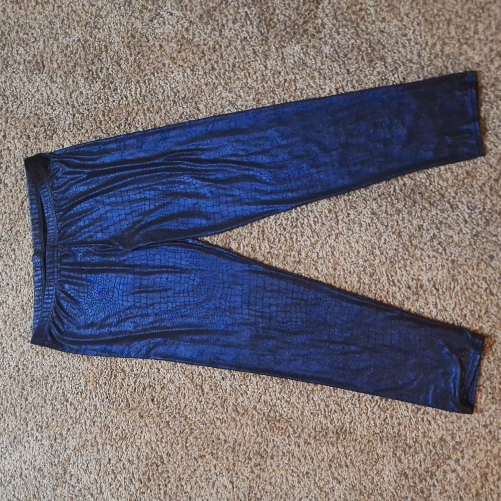 Cheryl Creation Blue Metallic Leggings Womens Large Animal Print Texture Vintage